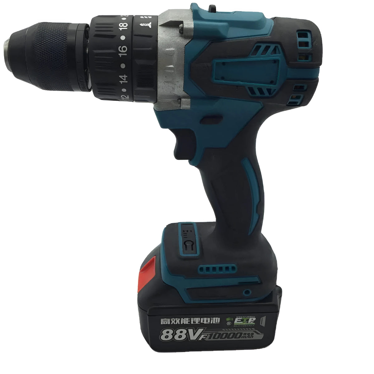 21V cordless multifunctional impact drill and electric screwdriver tool on a workbench.