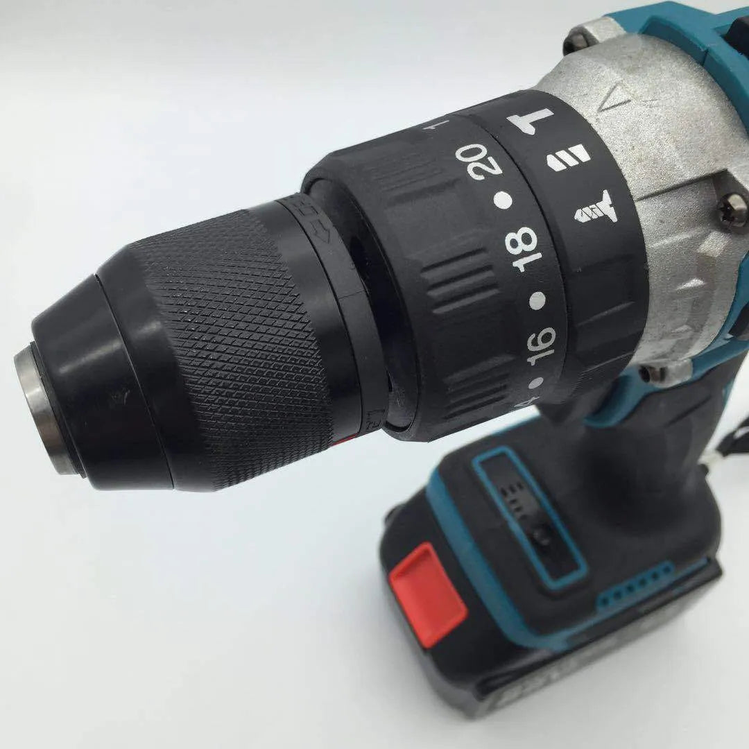 21V cordless multifunctional impact drill and electric screwdriver tool on a workbench.