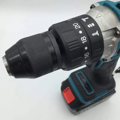 21V cordless multifunctional impact drill and electric screwdriver tool on a workbench.