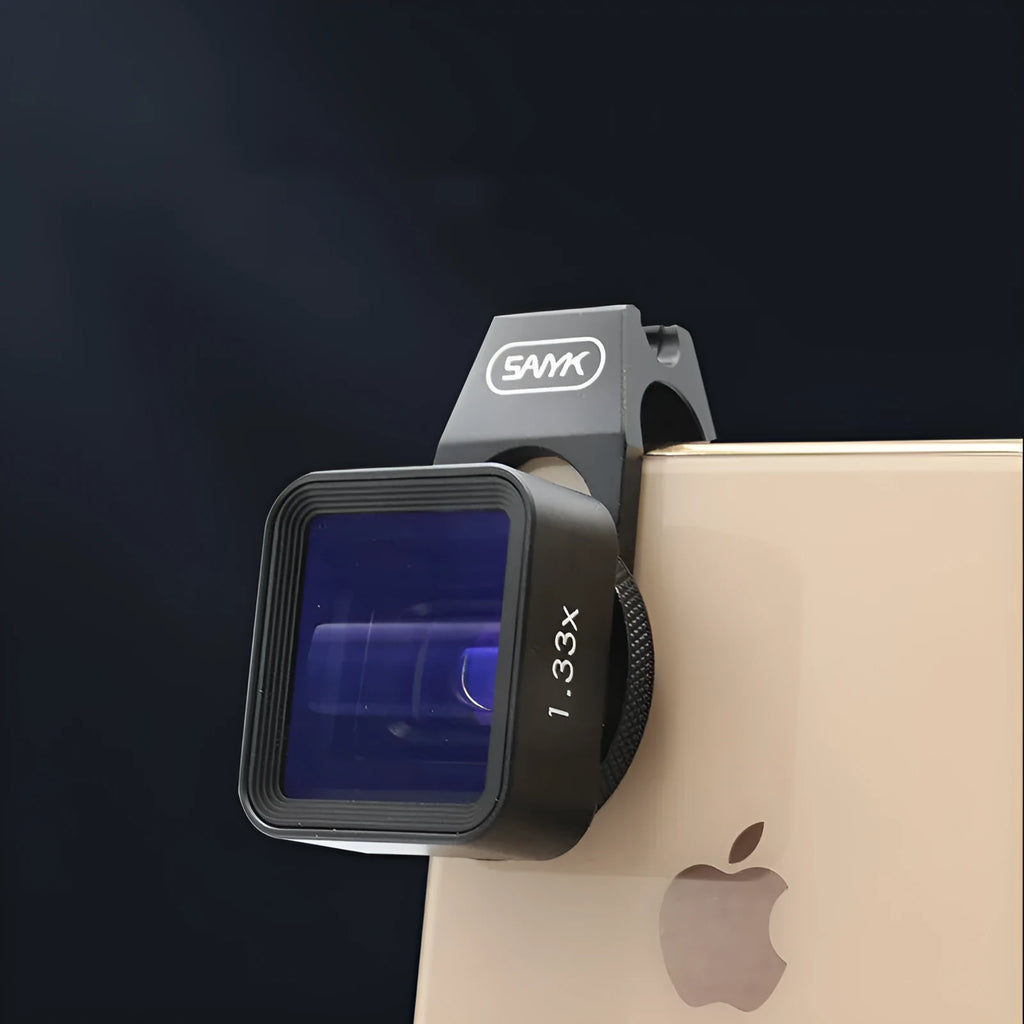 Black Sanyk 1.33x anamorphic widescreen lens for mobile phones showing 17mm thread mount.