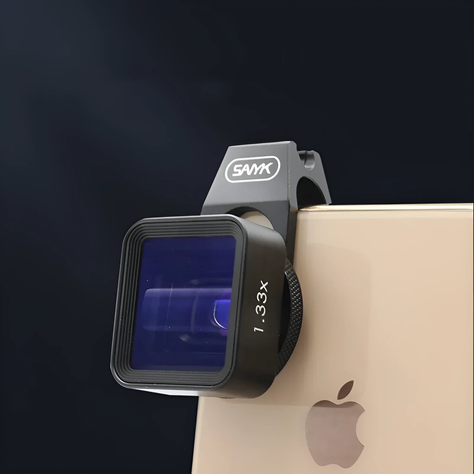 Black Sanyk 1.33x anamorphic widescreen lens for mobile phones showing 17mm thread mount.