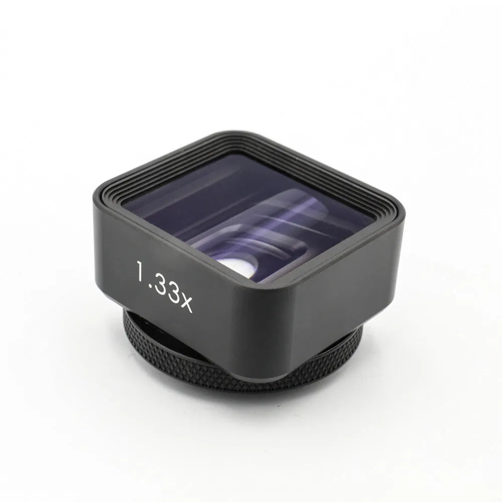 Black Sanyk 1.33x anamorphic widescreen lens for mobile phones showing 17mm thread mount.