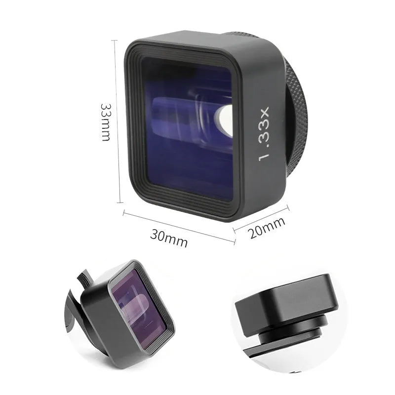 Black Sanyk 1.33x anamorphic widescreen lens for mobile phones showing 17mm thread mount.