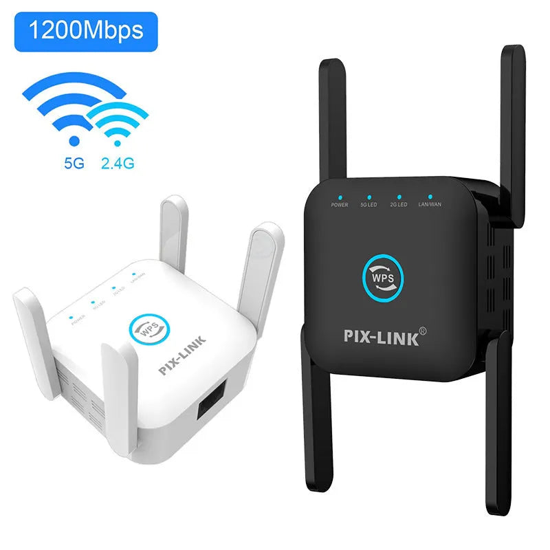 PIXLINK AC24 white and black dual-band wireless router with lightning protection