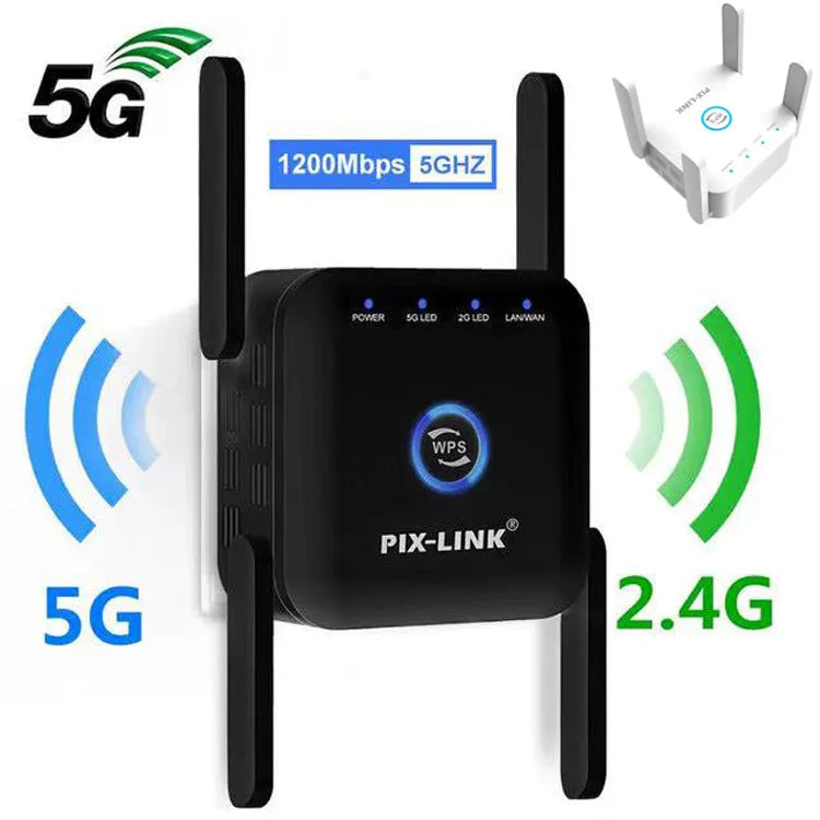 PIXLINK AC24 white and black dual-band wireless router with lightning protection