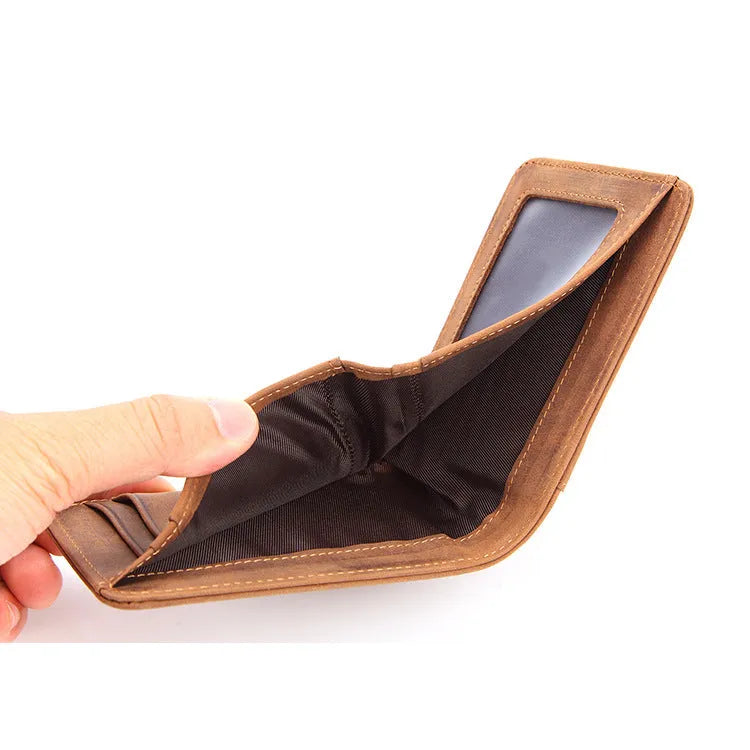 Brown RFID men's leather mini wallet showing card slots, 11cm wide.