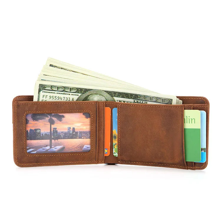 Brown RFID men's leather mini wallet showing card slots, 11cm wide.