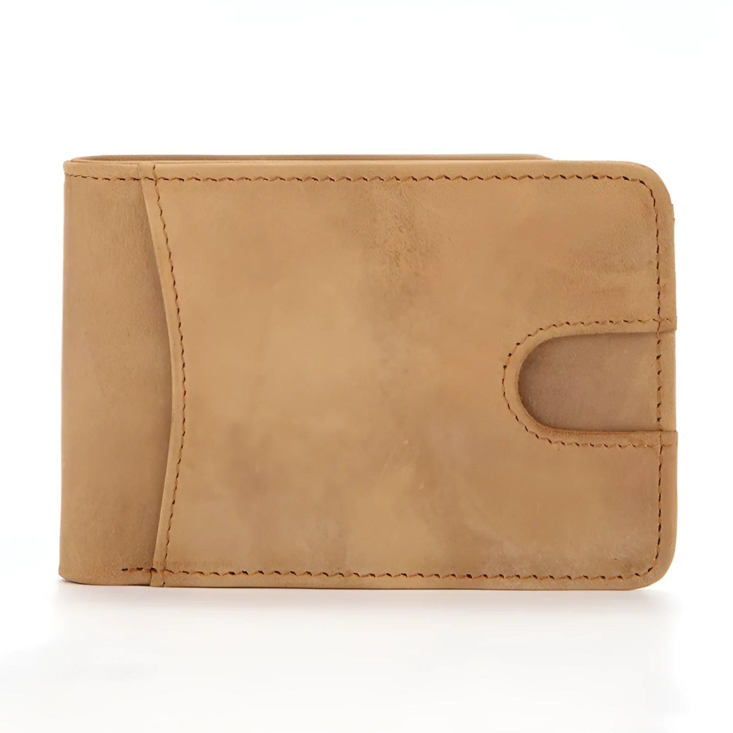 Brown RFID men's leather mini wallet showing card slots, 11cm wide.