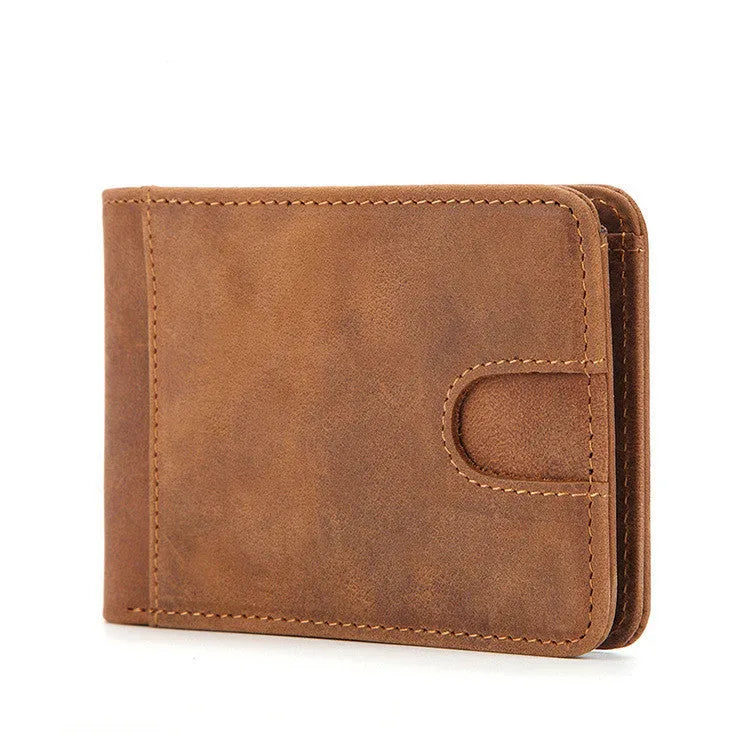 Brown RFID men's leather mini wallet showing card slots, 11cm wide.