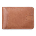Brown RFID men's leather mini wallet showing card slots, 11cm wide.