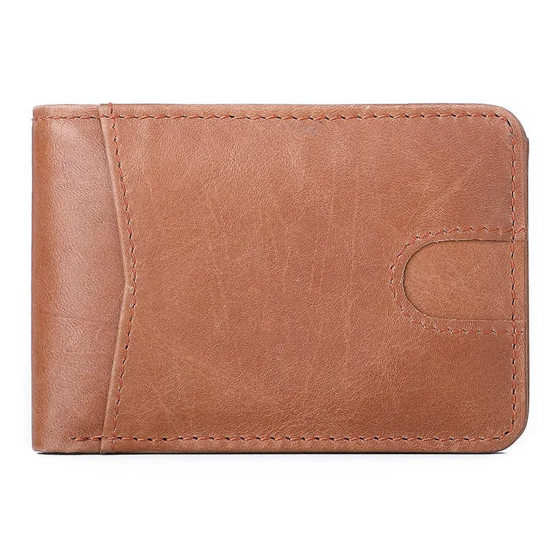 Brown RFID men's leather mini wallet showing card slots, 11cm wide.