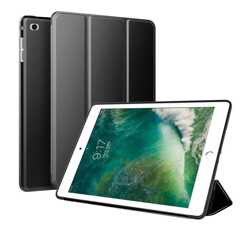 Black TPU clamshell iPad case with a built-in silicone stand for 9.7-inch iPad Air models.