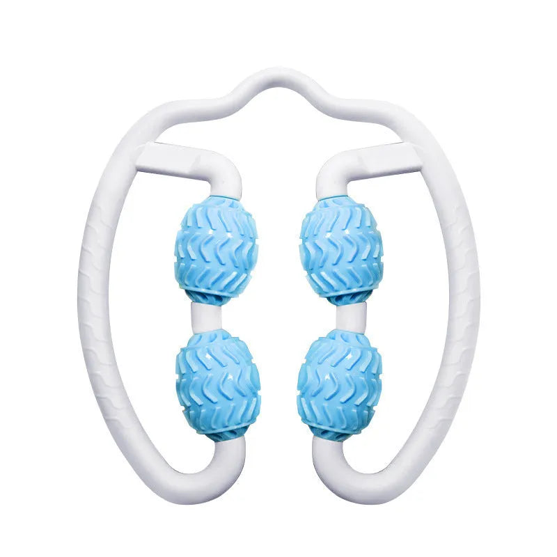 Purple and pink silicone annular leg massage roller on a white background.