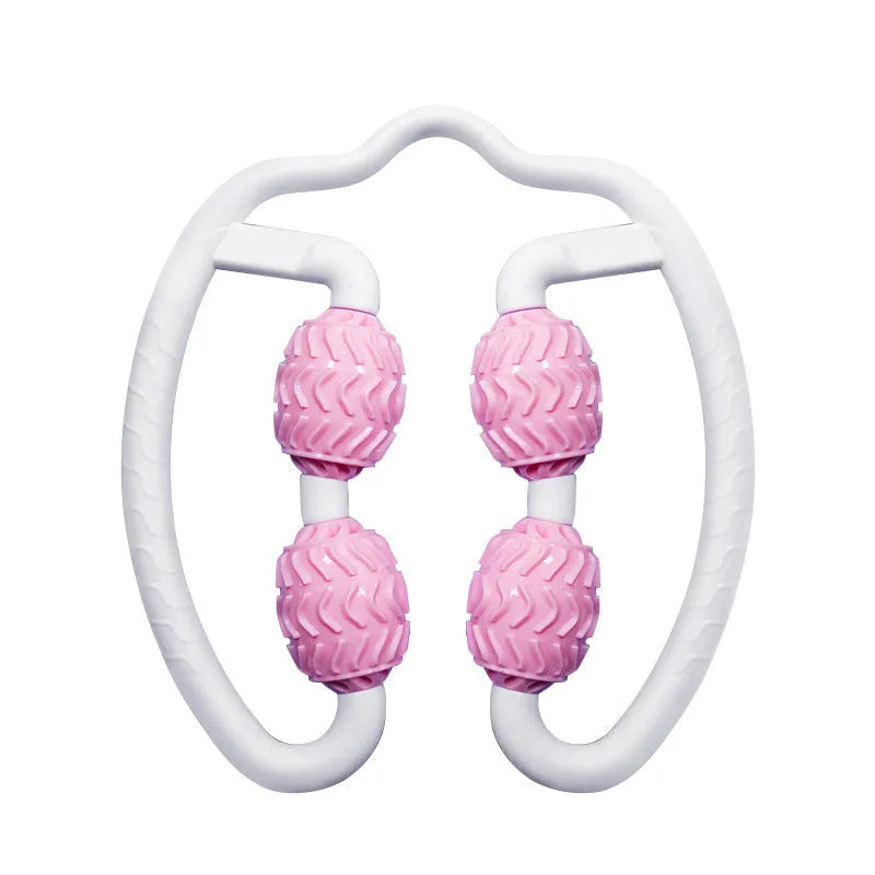 Purple and pink silicone annular leg massage roller on a white background.