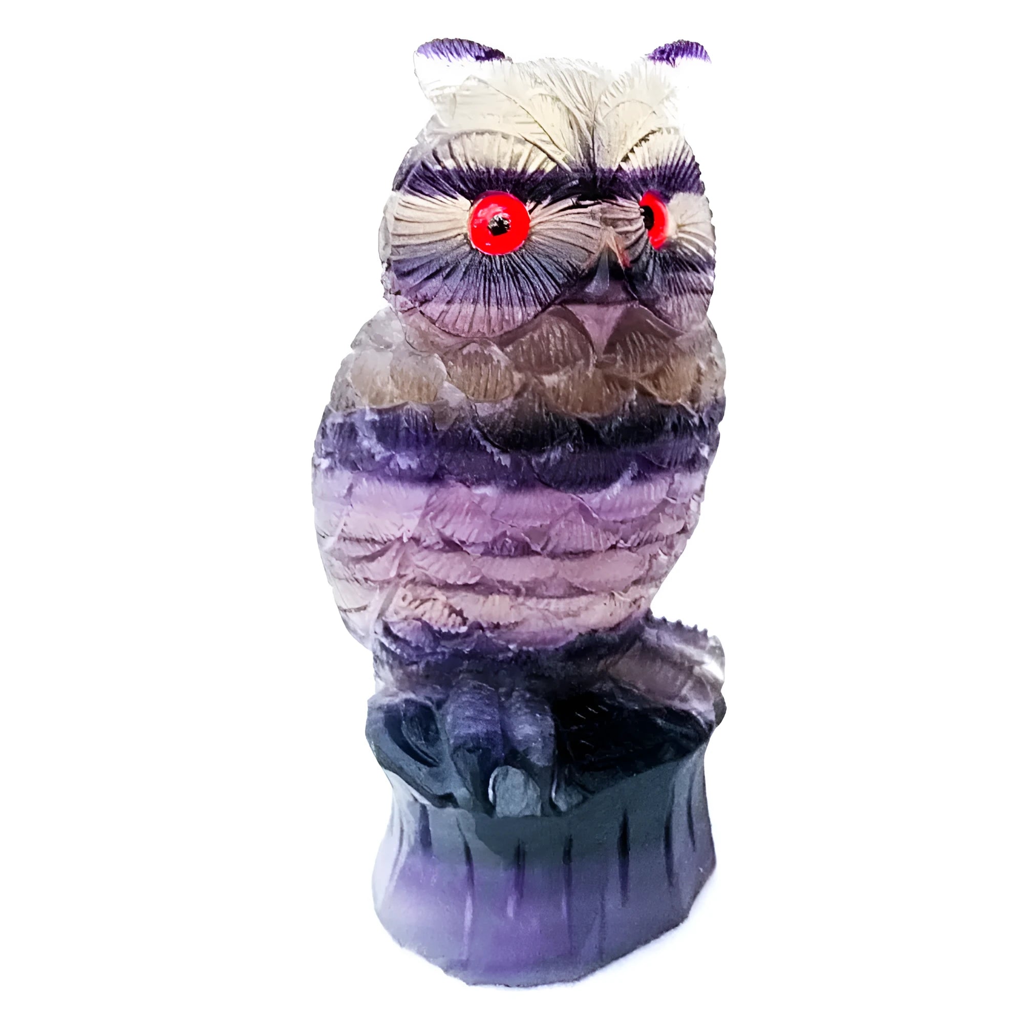 Hand carved purple fluorite owl ornament showing natural stone texture and 4 inch size