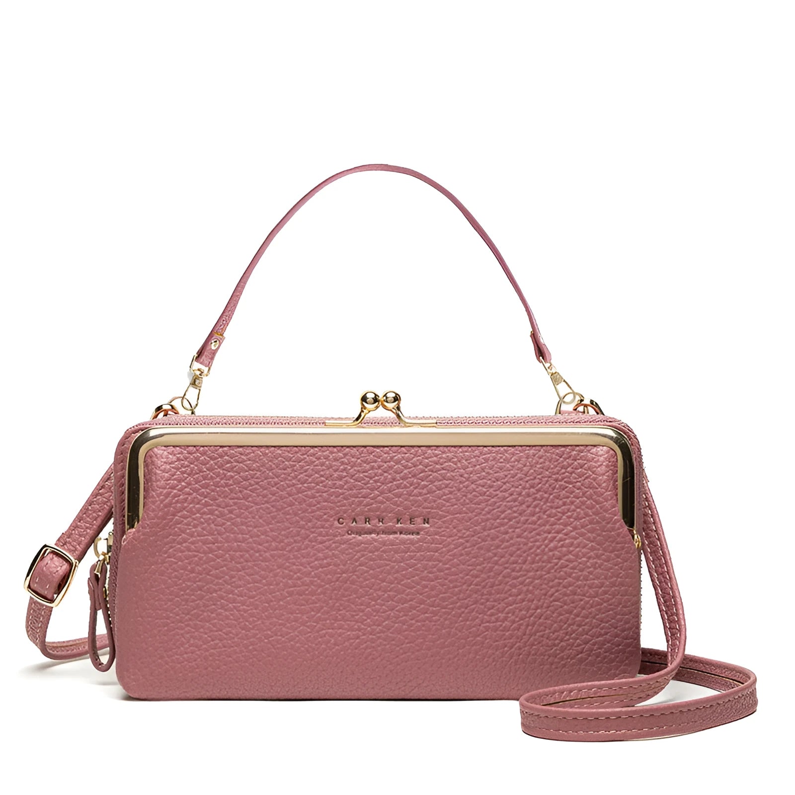 Horizontal square Korean ladies messenger bag in PU leather with a zipper buckle, shown in lilac colour.