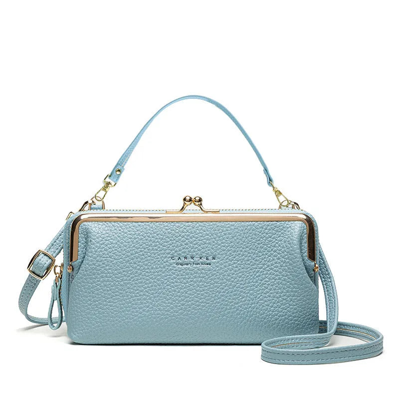 Horizontal square Korean ladies messenger bag in PU leather with a zipper buckle, shown in lilac colour.