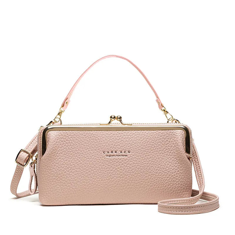 Horizontal square Korean ladies messenger bag in PU leather with a zipper buckle, shown in lilac colour.