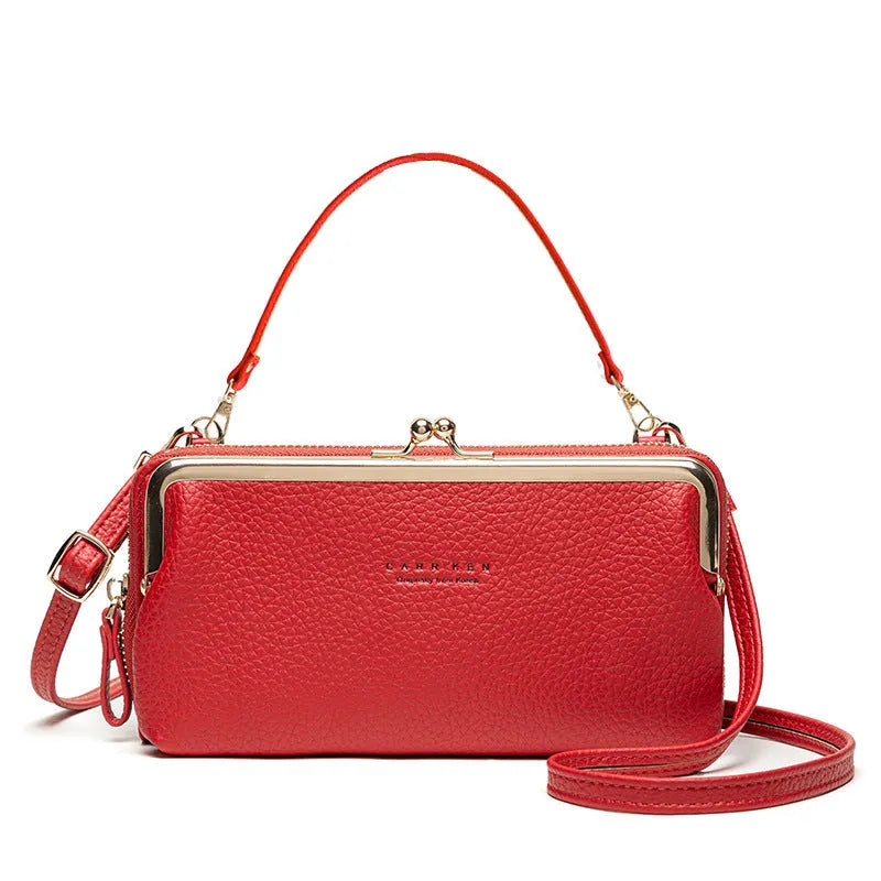 Horizontal square Korean ladies messenger bag in PU leather with a zipper buckle, shown in lilac colour.