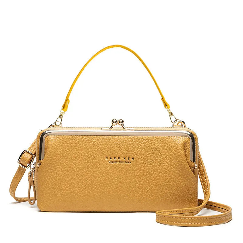 Horizontal square Korean ladies messenger bag in PU leather with a zipper buckle, shown in lilac colour.