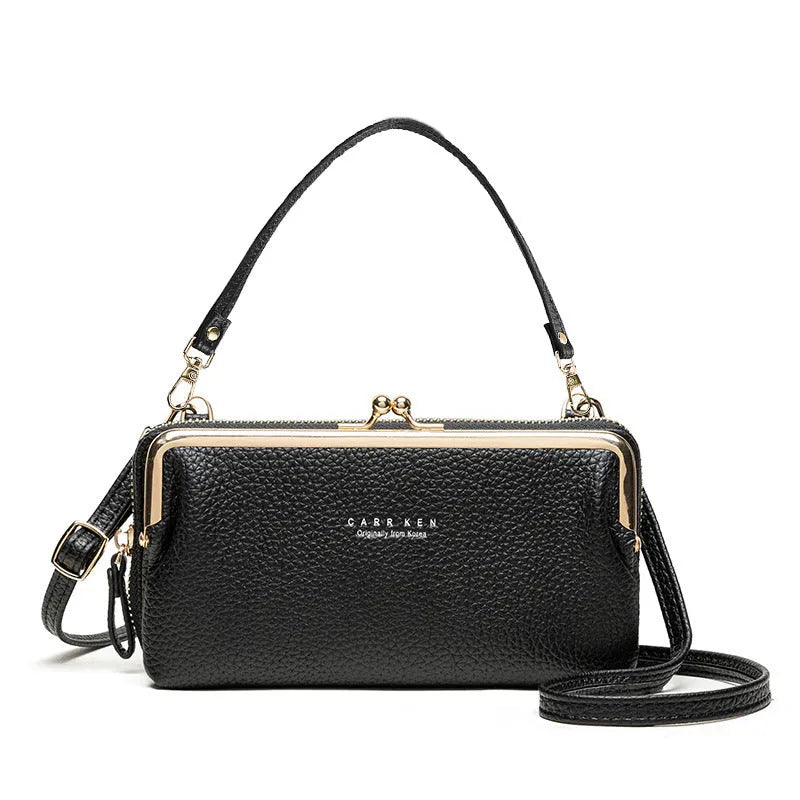 Horizontal square Korean ladies messenger bag in PU leather with a zipper buckle, shown in lilac colour.