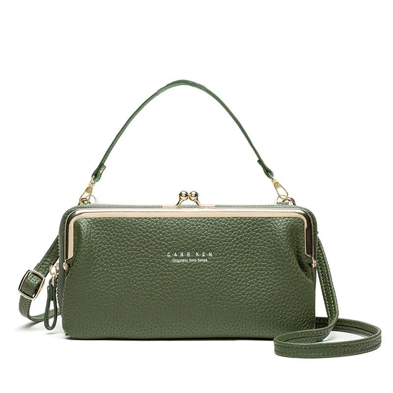 Horizontal square Korean ladies messenger bag in PU leather with a zipper buckle, shown in lilac colour.