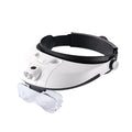 LED headband magnifier with five acrylic lenses on a black ABS frame, shown with two LED lights on.