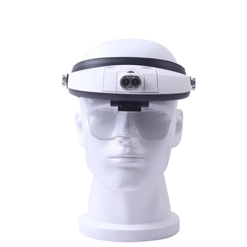 LED headband magnifier with five acrylic lenses on a black ABS frame, shown with two LED lights on.