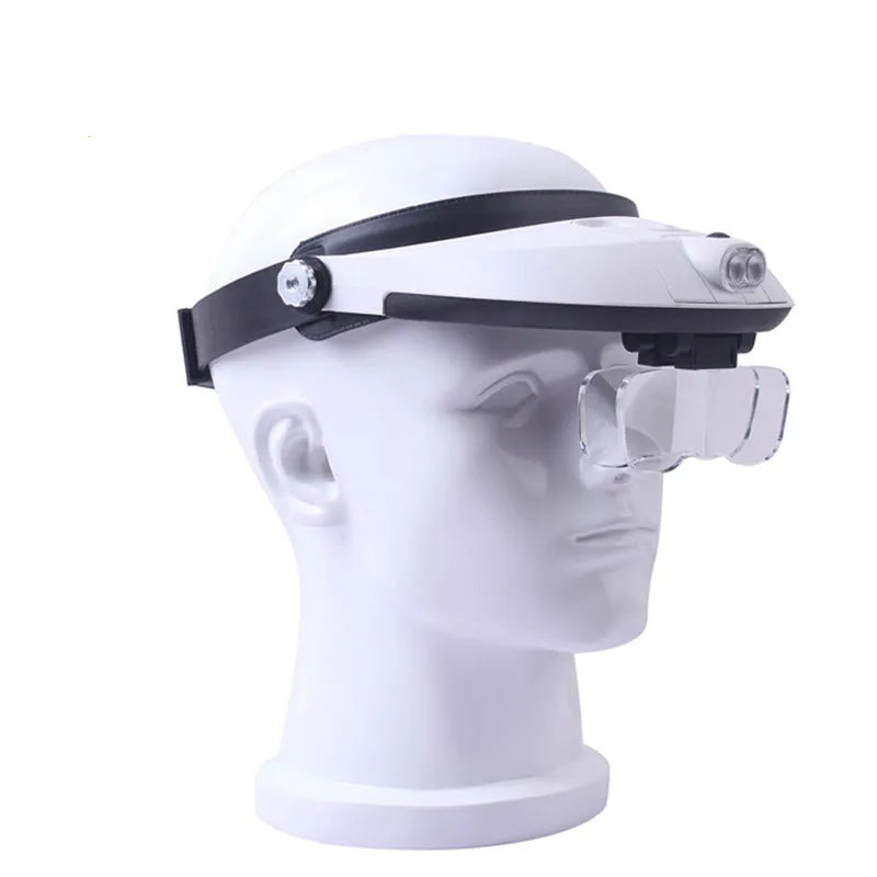 LED headband magnifier with five acrylic lenses on a black ABS frame, shown with two LED lights on.