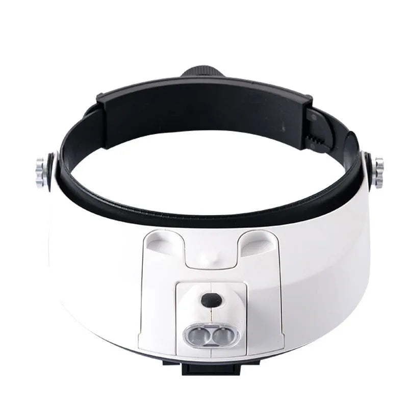 LED headband magnifier with five acrylic lenses on a black ABS frame, shown with two LED lights on.