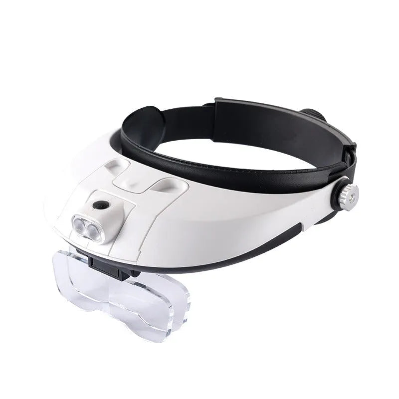 LED headband magnifier with five acrylic lenses on a black ABS frame, shown with two LED lights on.