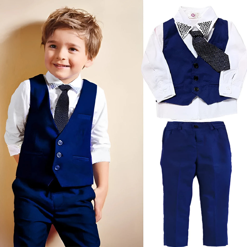 Blue boys' formal suit set on a toddler mannequin, showing turtleneck, waistcoat, tie, and trousers.