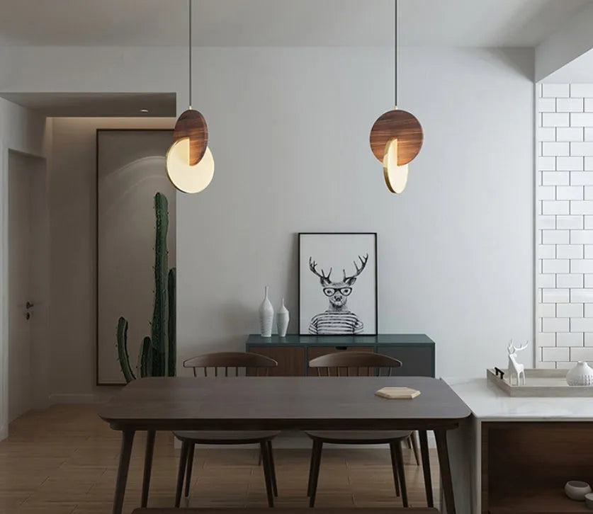 Long-line walnut solid wood chandelier with carved details and warm white lighting