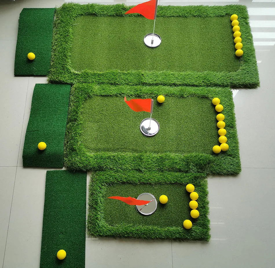 Green golf water training mat with PP grass surface on a high elastic EVA base, shown in a rectangular shape.