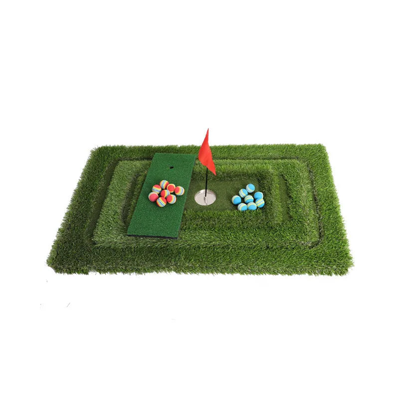 Green golf water training mat with PP grass surface on a high elastic EVA base, shown in a rectangular shape.