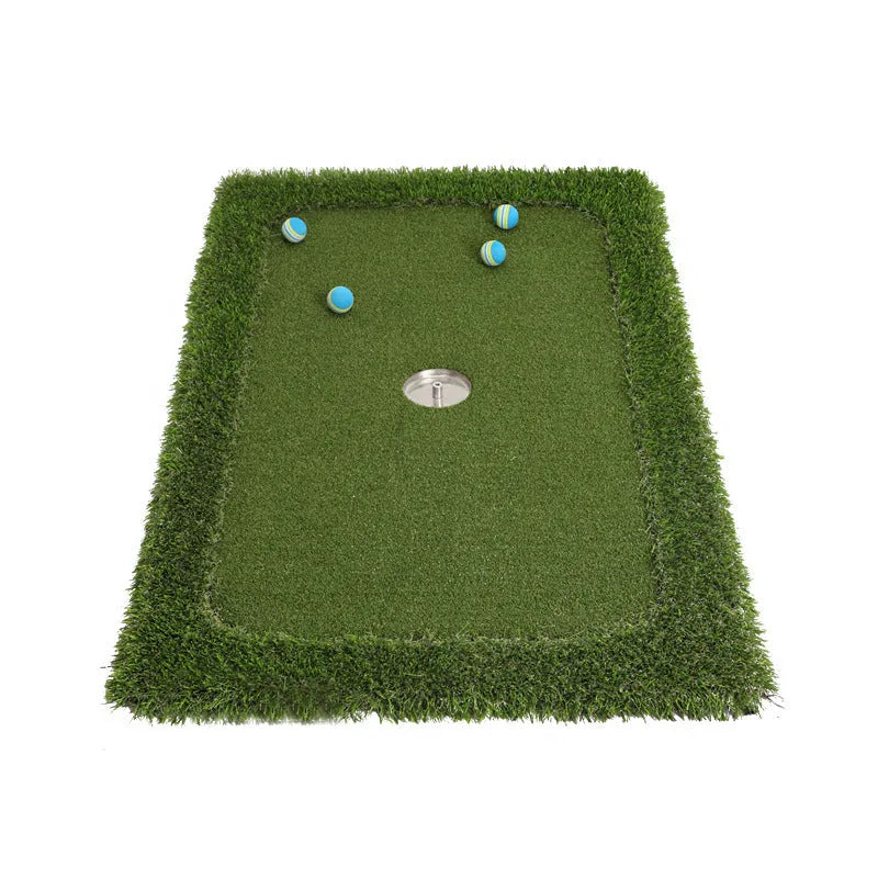 Green golf water training mat with PP grass surface on a high elastic EVA base, shown in a rectangular shape.