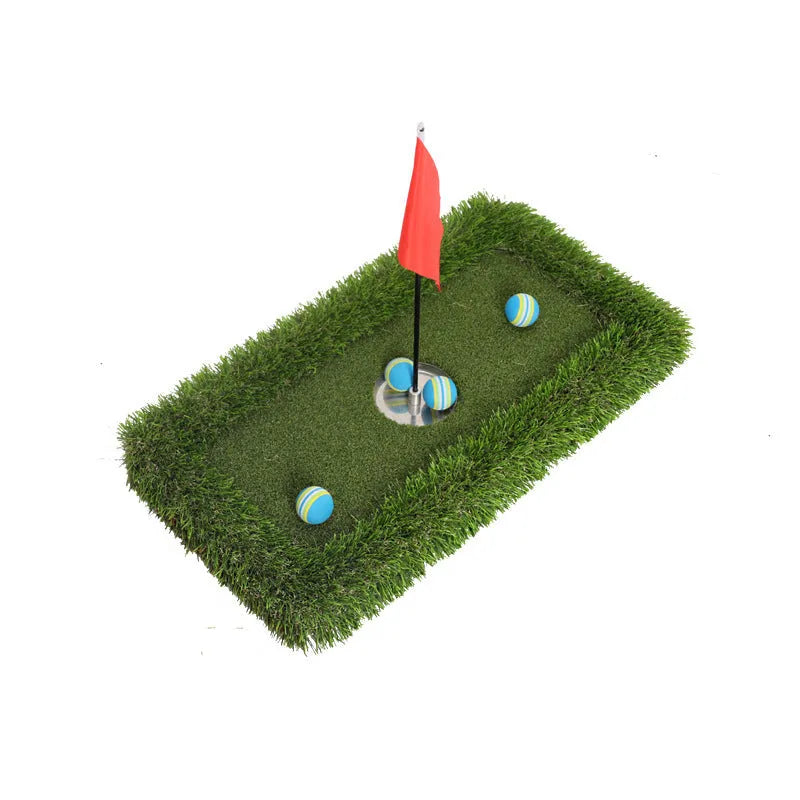 Green golf water training mat with PP grass surface on a high elastic EVA base, shown in a rectangular shape.