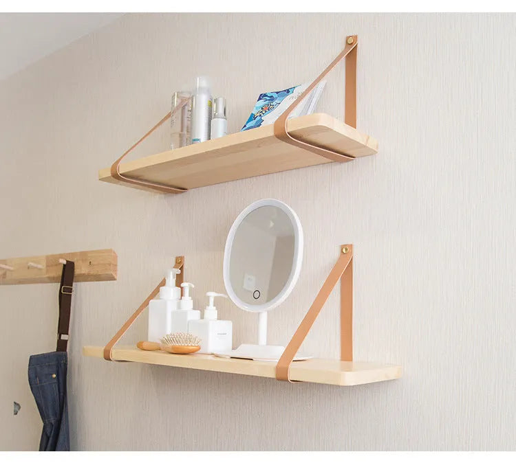 Pine wood wall mounted storage rack and bookshelf in Nordic style, 50 cm wide.