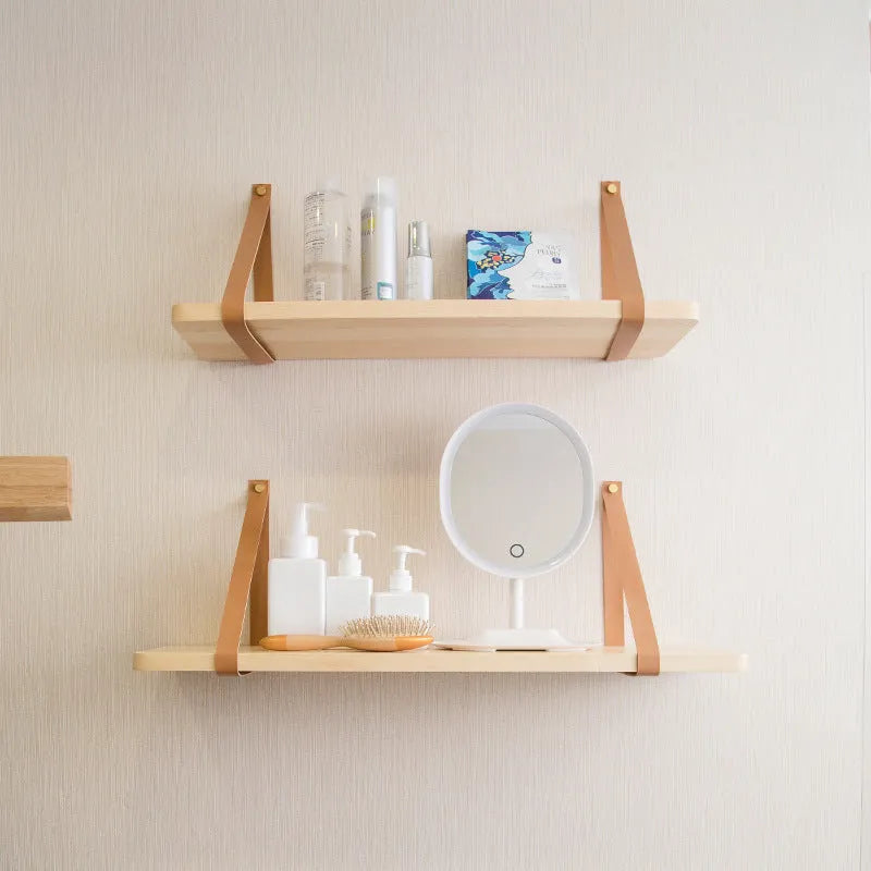 Pine wood wall mounted storage rack and bookshelf in Nordic style, 50 cm wide.