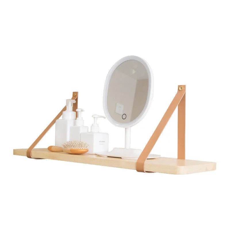 Pine wood wall mounted storage rack and bookshelf in Nordic style, 50 cm wide.