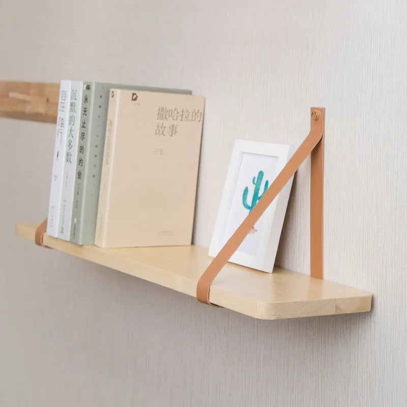 Pine wood wall mounted storage rack and bookshelf in Nordic style, 50 cm wide.