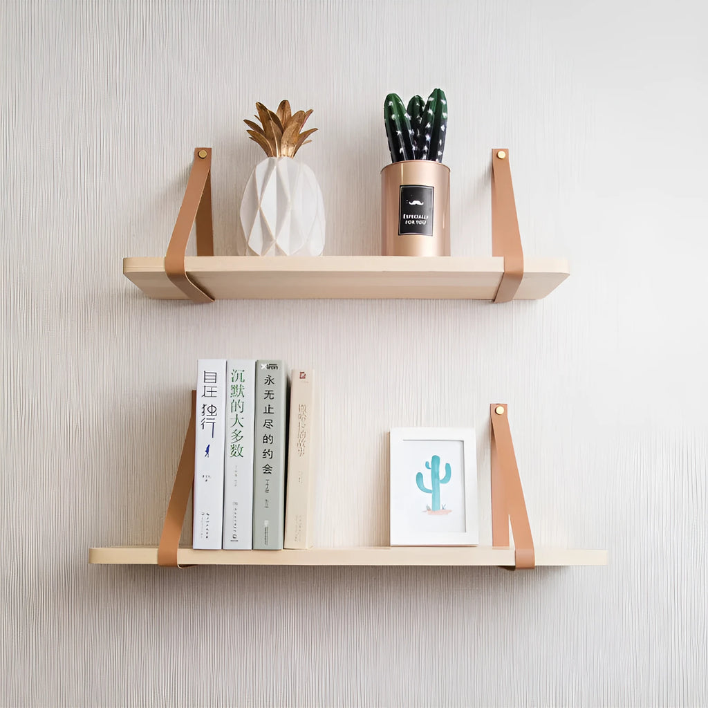 Pine wood wall mounted storage rack and bookshelf in Nordic style, 50 cm wide.