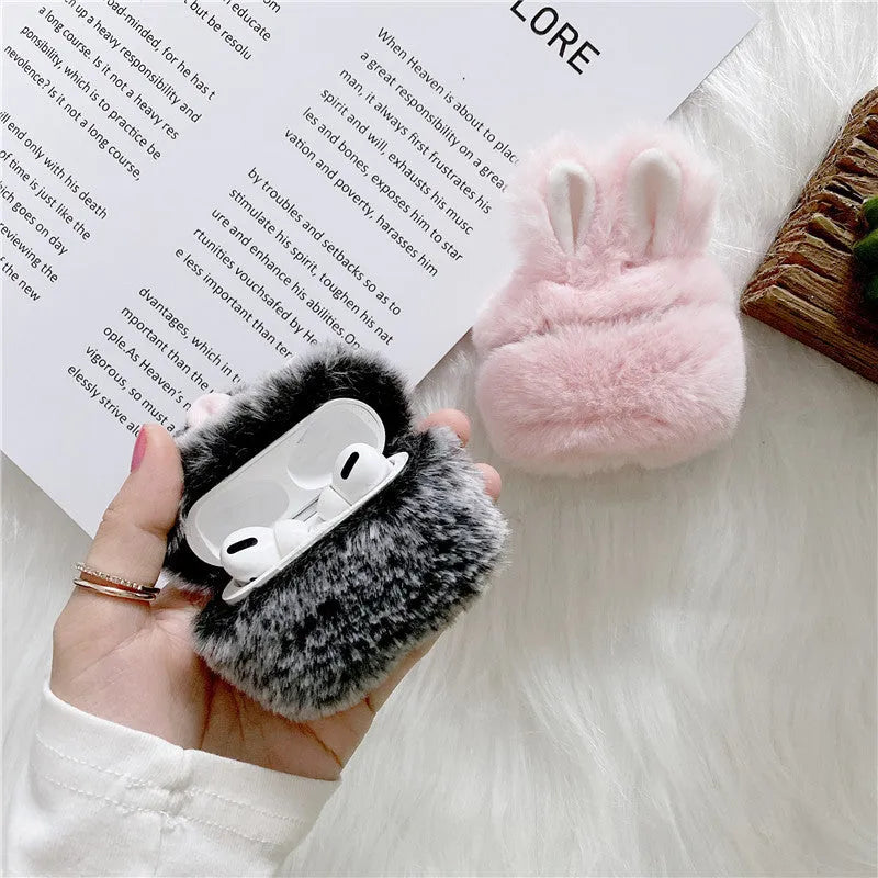 Plush rabbit ear silicone protective cover for Apple AirPods charging case in pink and grey colours