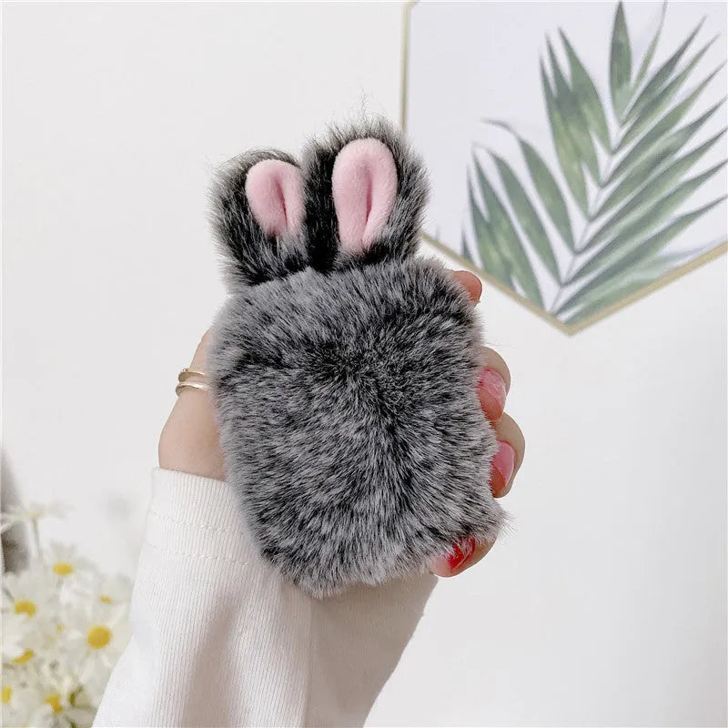 Plush rabbit ear silicone protective cover for Apple AirPods charging case in pink and grey colours