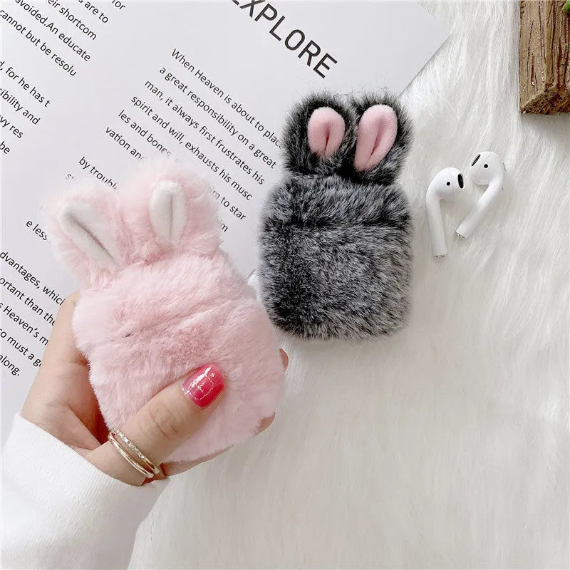 Plush rabbit ear silicone protective cover for Apple AirPods charging case in pink and grey colours