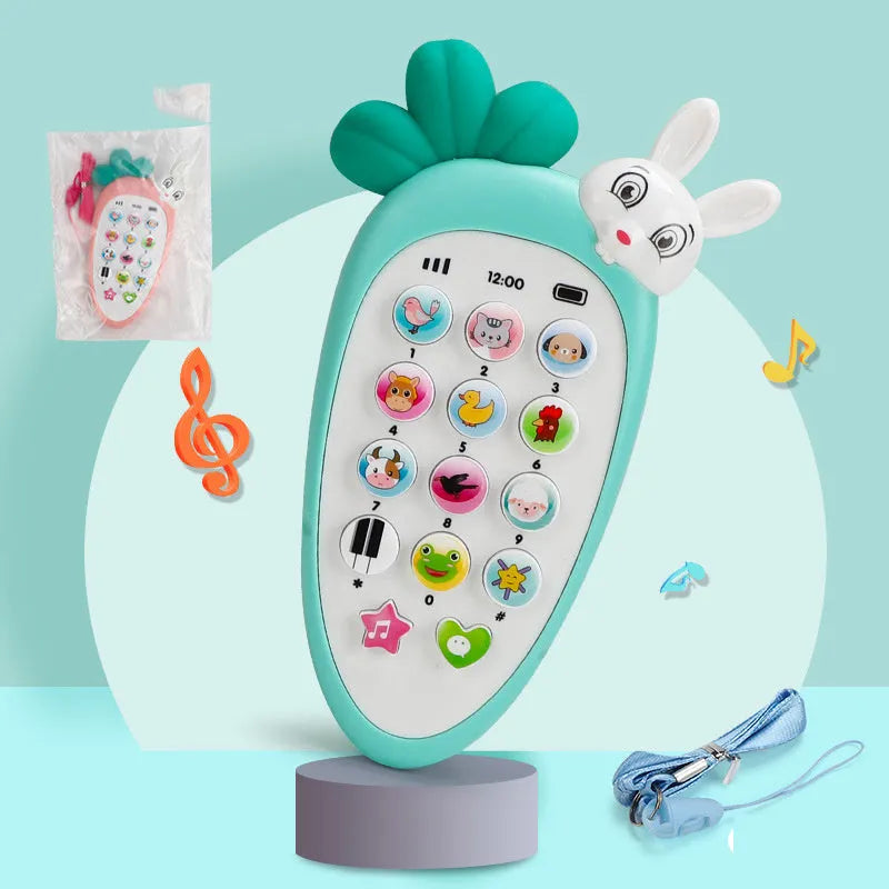 Pink electronic simulation mobile phone toy for babies on a white background.