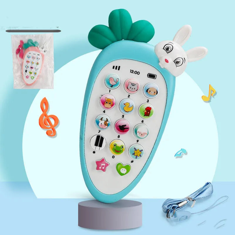 Pink electronic simulation mobile phone toy for babies on a white background.