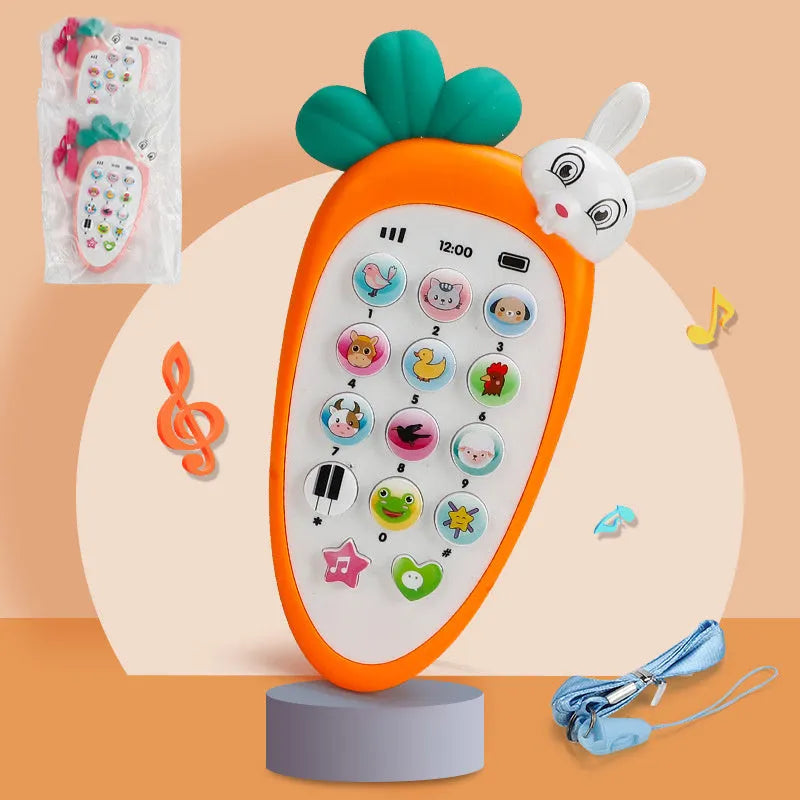 Pink electronic simulation mobile phone toy for babies on a white background.