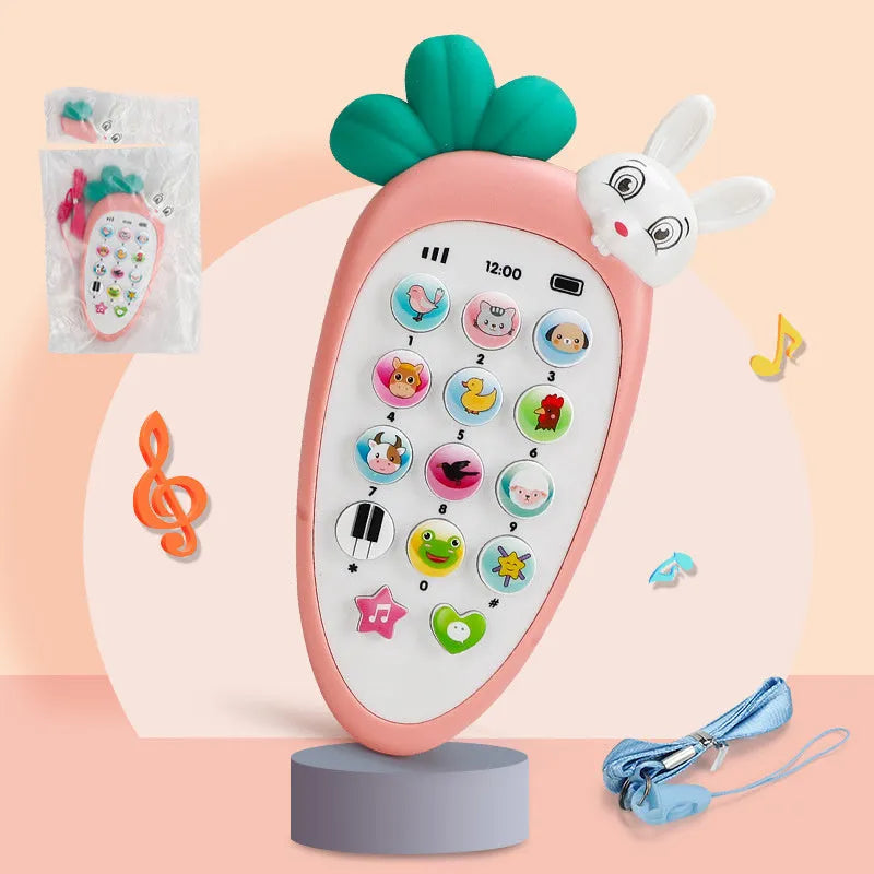 Pink electronic simulation mobile phone toy for babies on a white background.