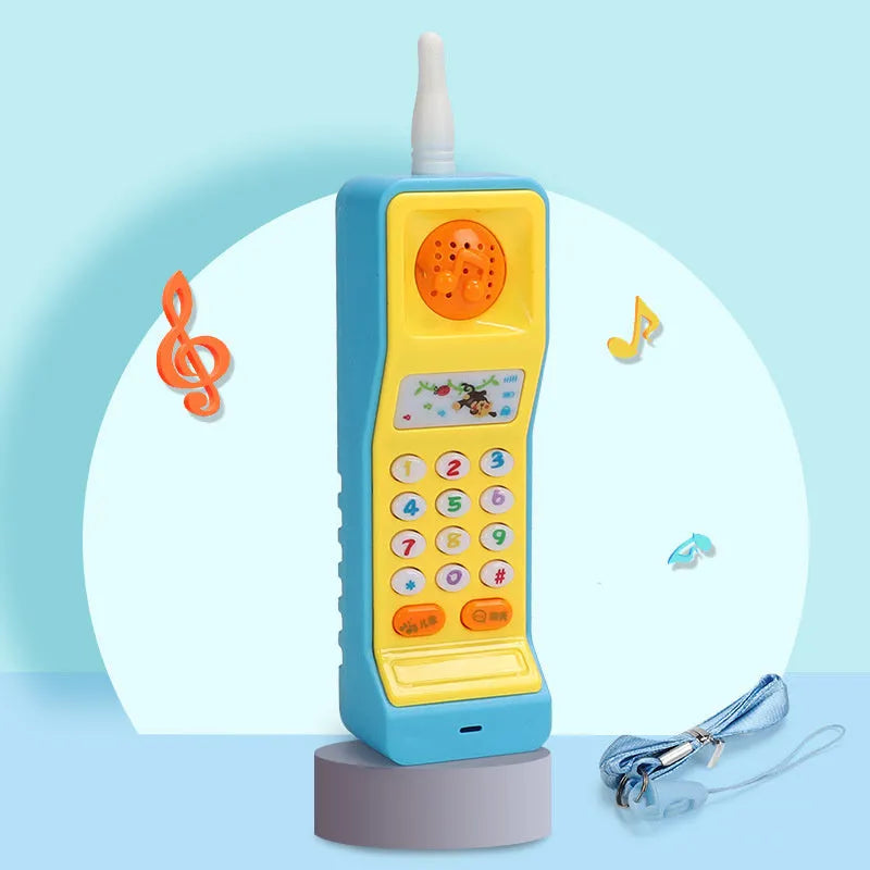 Pink electronic simulation mobile phone toy for babies on a white background.
